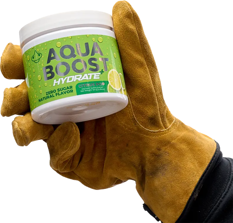 Aqua Boost Hydrate+ hydration powder drink mix. Citrus Lemon-Lime flavor. 835mg of Electrolytes, vitamin C, Vitamin B12, Vitamin B6, Magnesium, Potassium, Zinc, and Sodium. Jobsite hydration, work place hydration drink, blue collar and working class
