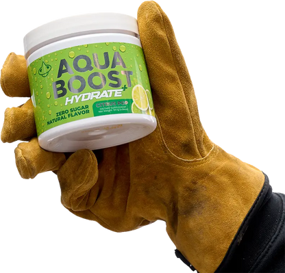 Aqua Boost Hydrate+ hydration powder drink mix. Citrus Lemon-Lime flavor. 835mg of Electrolytes, vitamin C, Vitamin B12, Vitamin B6, Magnesium, Potassium, Zinc, and Sodium. Jobsite hydration, work place hydration drink, blue collar and working class