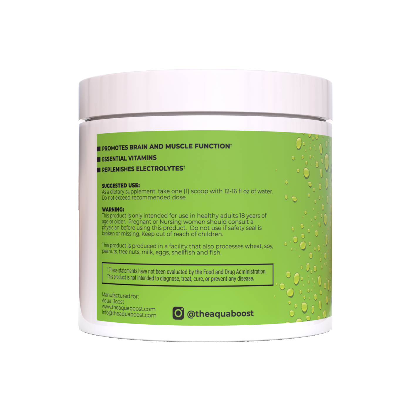 Aqua Boost Hydrate+ hydration powder drink mix. Citrus Lemon-Lime flavor. 835mg of Electrolytes, vitamin C, Vitamin B12, Vitamin B6, Magnesium, Potassium, Zinc, and Sodium. Jobsite hydration, work place hydration drink, blue collar and working class