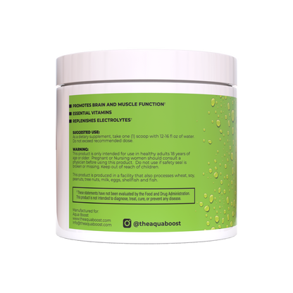 Aqua Boost Hydrate+ hydration powder drink mix. Citrus Lemon-Lime flavor. 835mg of Electrolytes, vitamin C, Vitamin B12, Vitamin B6, Magnesium, Potassium, Zinc, and Sodium. Jobsite hydration, work place hydration drink, blue collar and working class
