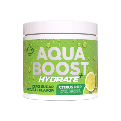 Aqua Boost Hydrate+ hydration powder drink mix. Citrus Lemon-Lime flavor. 835mg of Electrolytes, vitamin C, Vitamin B12, Vitamin B6, Magnesium, Potassium, Zinc, and Sodium. Jobsite hydration, work place hydration drink, blue collar and working class