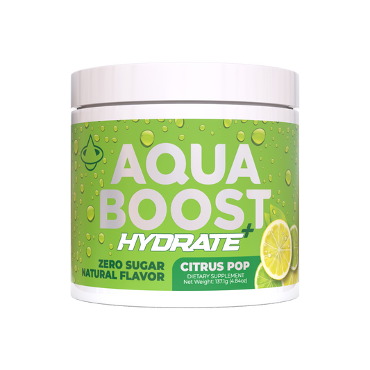 Aqua Boost Hydrate+ hydration powder drink mix. Citrus Lemon-Lime flavor. 835mg of Electrolytes, vitamin C, Vitamin B12, Vitamin B6, Magnesium, Potassium, Zinc, and Sodium. Jobsite hydration, work place hydration drink, blue collar and working class
