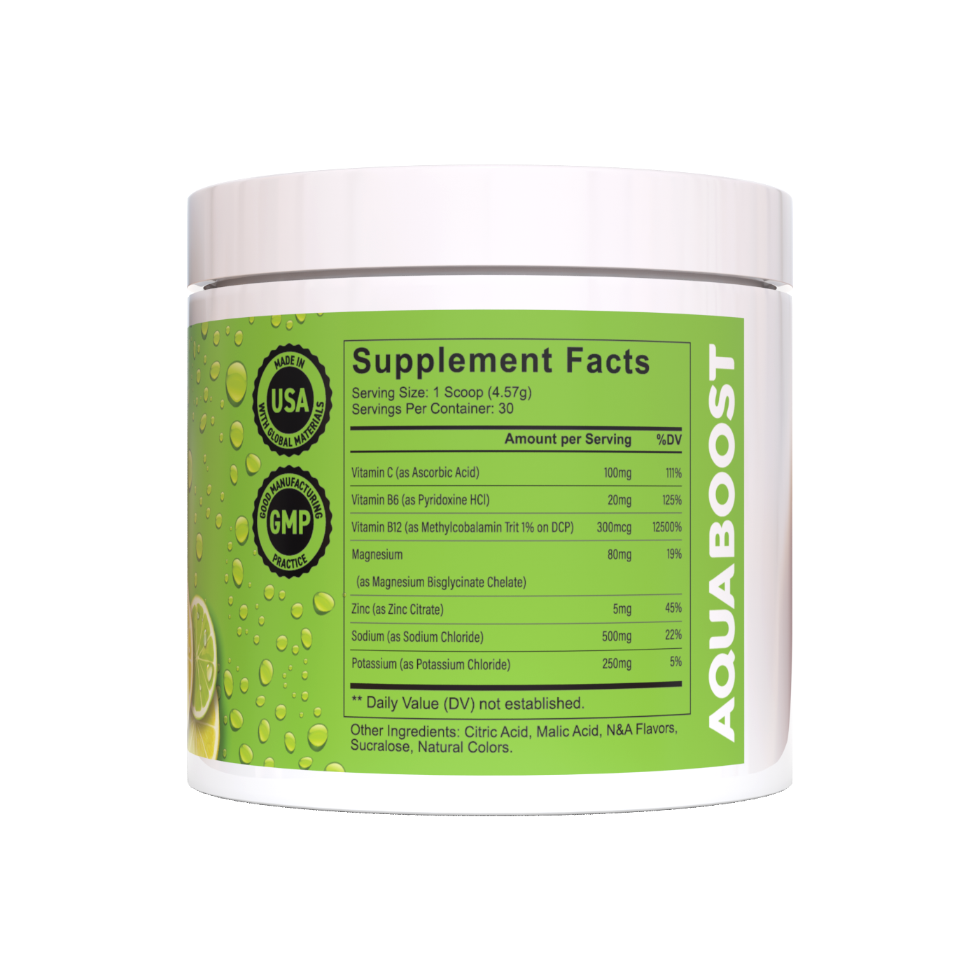 Aqua Boost Hydrate+ hydration powder drink mix. Citrus Lemon-Lime flavor. 835mg of Electrolytes, vitamin C, Vitamin B12, Vitamin B6, Magnesium, Potassium, Zinc, and Sodium. Jobsite hydration, work place hydration drink, blue collar and working class