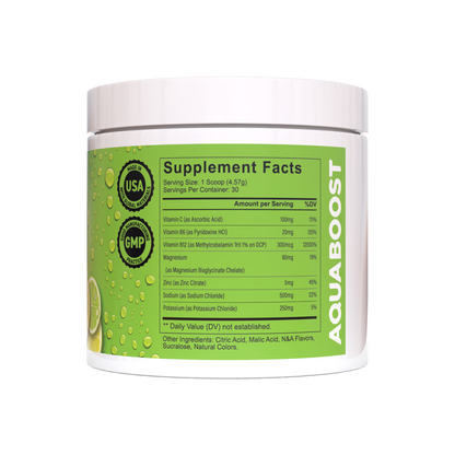 Aqua Boost Hydrate+ hydration powder drink mix. Citrus Lemon-Lime flavor. 835mg of Electrolytes, vitamin C, Vitamin B12, Vitamin B6, Magnesium, Potassium, Zinc, and Sodium. Jobsite hydration, work place hydration drink, blue collar and working class